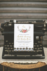 Antique Typewriter with Floral and Gold Wedding Invitation | Bohemian/Boho Styled Wedding Shoot