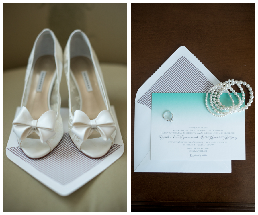 White, Wedding Heels with Bow and Blue Ombre Wedding Invitation with Pearl Bracelets and Engagement Ring