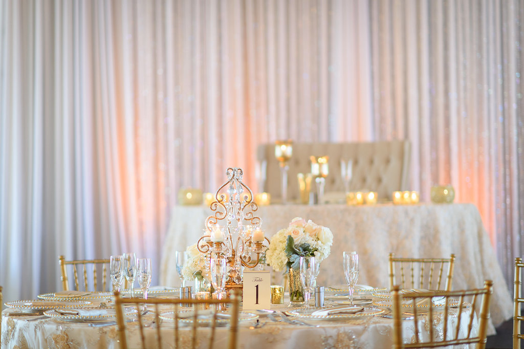 White and Gold Wedding Reception with Chiavari Chairs | St Pete Beach Wedding Florist Northside Florist
