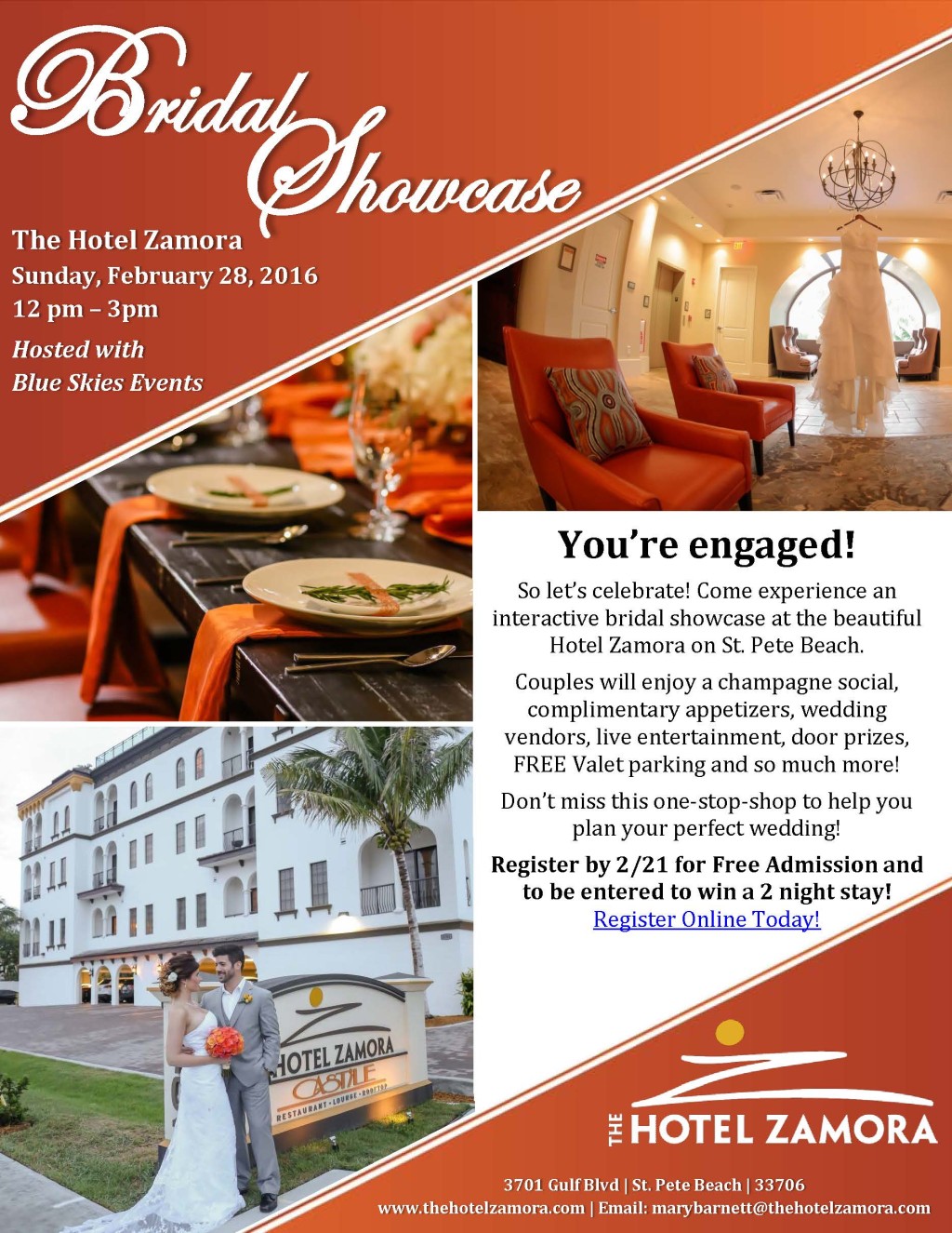 Tampa Bay Area Bridal Show at The Hotel Zamora Wedding Venue in St. Pete Beach hosted with Blue Skies Events Bridal Showcase in February with Gowns Flowers Venues Entertainment Decor & Photography Vendors in Tampa Clearwater Brandon St Petersburg