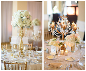 White and Gold Wedding Centerpieces with Candelabra and Rhinestone Crystals | St Pete Beach Wedding Florist Northside Florist