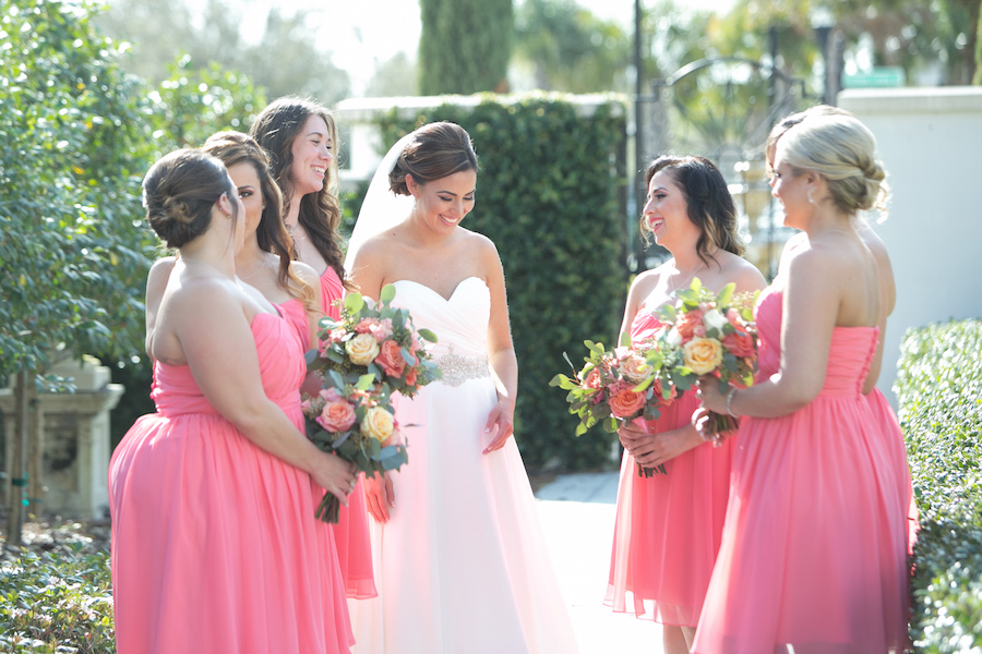 Bridesmaids in Pink Bridesmaids Dresses and Bride Wedding Portrait |Tampa Wedding Photographer | Carrie Wildes Photography