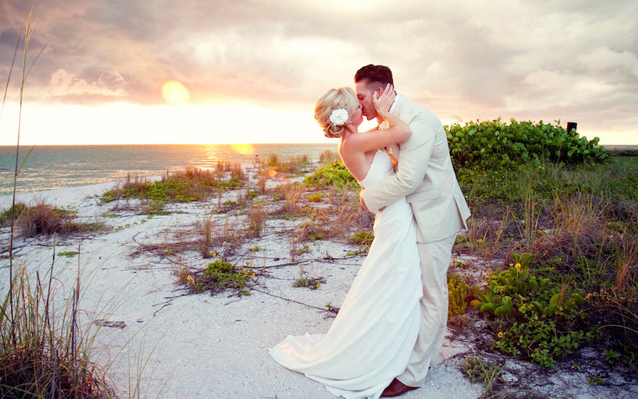 Bride and Groom Beach Wedding Kiss Portrait | Tampa Wedding Photographer Foto Bohemia