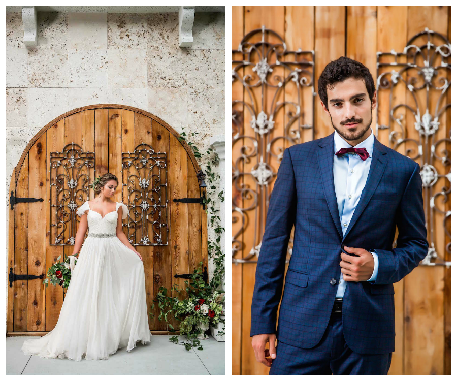 Amsale Wedding Dress from Blush Bridal Sarasota | Groom's Deep Burgundy Red Bow Tie and Blue Suit | Southern Wedding Inspiration