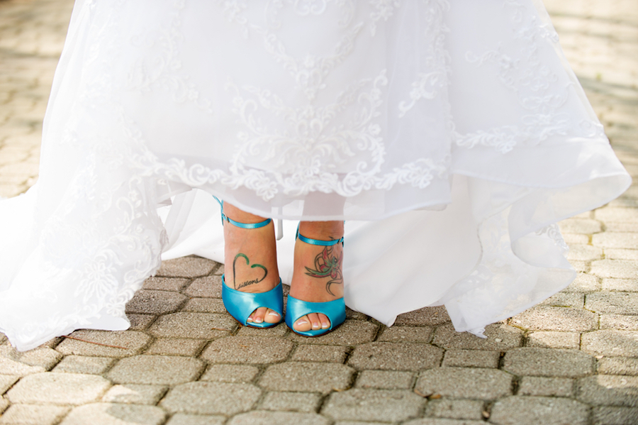 Bridal, Blue Teal Strap Wedding Shoes with White, Lace Wedding Gown