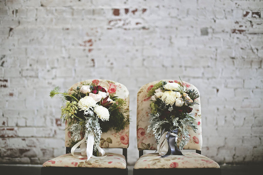 Sweetheart Table Flower Chairs with White, Pink, and Green Wedding Bouquets | Bohemian/Boho Styled Wedding Shoot