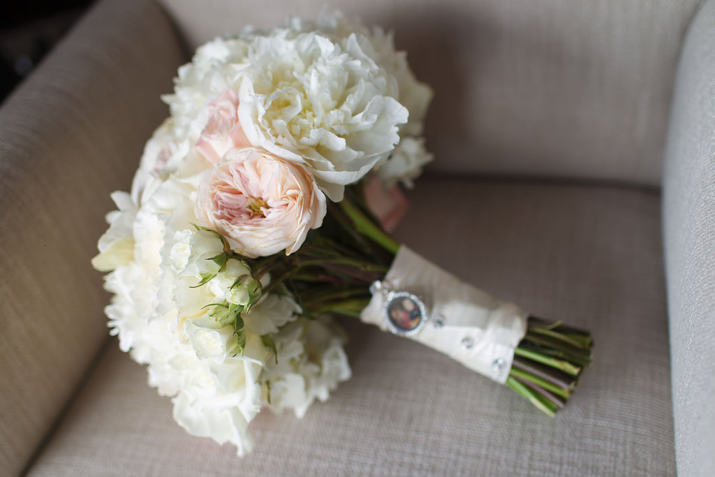 Romantic Blush and White Wedding Bouquet with Memory Charm | St. Pete Beach Wedding Florist Northside Florist