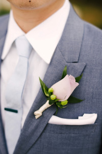 Clearwater Beach Groom Blue Suit Detail with Pink Rose Boutonnière and Blush Pocket Square