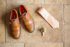 Brown Steve Madden Groom's Wedding Shoes with Orange Tie and Succulent Boutonniere Getting Ready Details