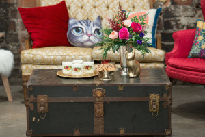 Vintage Chair and Trunk with Art Deco Cat Pillows | Tampa Bay Wedding Chair Rentals by Kate Ryan Linens | Tampa Bay Wedding Designer Ever After Vintage Rentals| Tampa Bay Wedding Photographer Artful Adventures Photography
