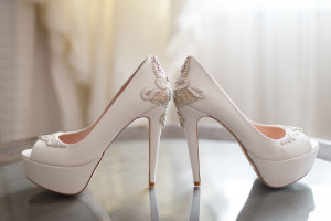 Getting Ready Details: White High Heel Wedding Shoes with Beaded Design