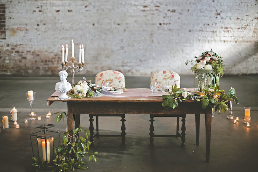 Tampa Wedding Reception, Urban, Rustic Decor with Wooden Farm Tables, Flowers Chairs, and Candlelight | Rialto Theater | Bohemian/Boho Styled Wedding Shoot