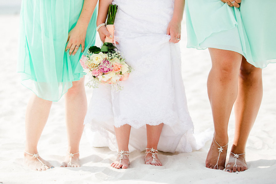 Bride and Seafoam, Mint Green Bridesmaids Dresses with Starfish Beach Foot Jewelry | Clearwater Beach Wedding Photographer Ailyn La Torre Photography