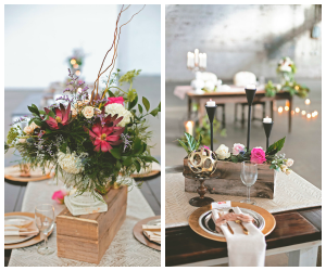 White, Pink, and Green Wedding Reception Centerpieces with Wooden Boxes and Farm Tables, and Candles | Downtown Tampa Wedding Venue Rialto Theater | Bohemian/Boho Styled Wedding Shoot