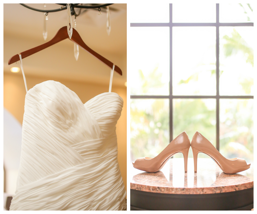 Getting Ready Details: Ivory, Strapless Wedding Dress and Neutral Peep Toe Wedding Shoes