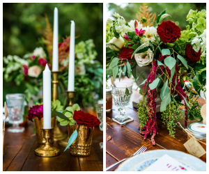 Burgundy Deep Red Wedding Centerpieces with Greenery on Wooden Farm Table | Southern Inspired Outdoor Wedding Reception Decor Styled Shoot