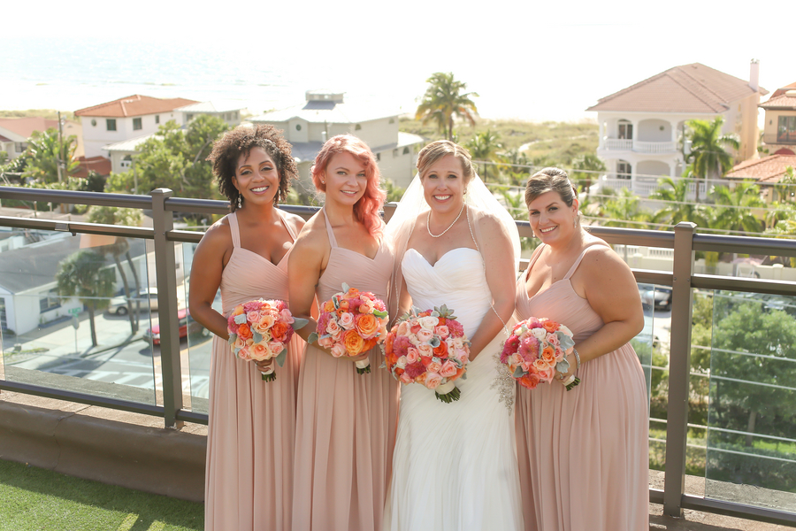 Outdoor, St. Pete Beach Bridal Portrait with Bride and Blush Bridesmaids Dressses and Pink and Coral Wedding Bouquet