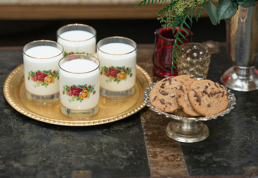 Milk and Cookies Wedding Cake Alternative in Vintage Floral Glasses| Tampa Bay Wedding Photographer Artful Adventures Photography