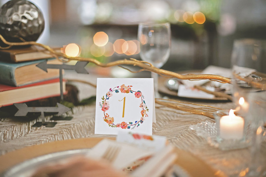 Wedding Reception Table Decor with Flower Drawn Table Number, Candles, and Gold Accent Centerpieces | Bohemian/Boho Styled Wedding Shoot