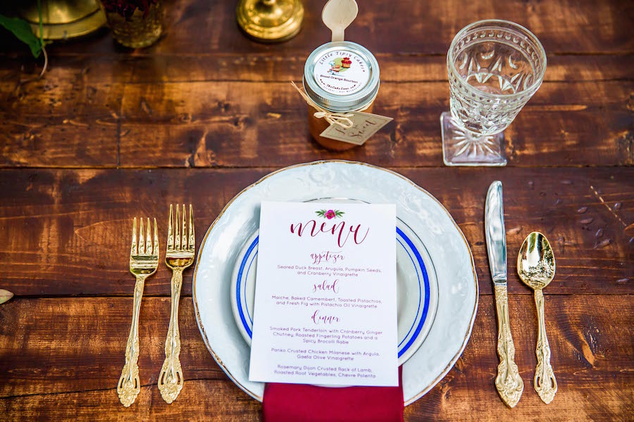Vintage Tableware Place Setting with White China Chargers and Gold Silverware | | Southern Inspired Outdoor Wedding Reception Decor Styled Shoot