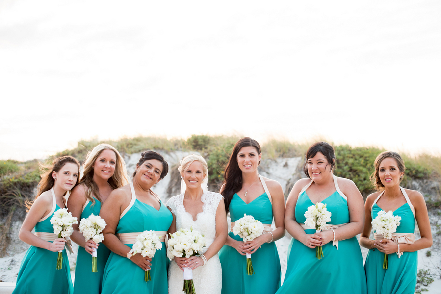 Bride and Green, Teal Alfred Angelo Bridesmaids Dresses Bridal Part Wedding Portrait on Clearwater Beach | Clearwater Beach Wedding Ceremony | Clearwater Beach Wedding Photographer Caroline and Evan Photography