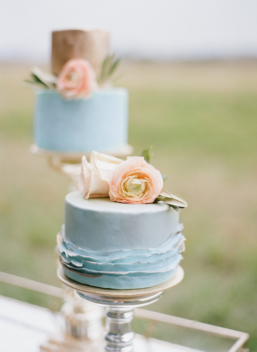 Custom Baby Blue and Blush Pink Cakes for Wedding or Baby Shower with Elegant Gold Accent and Floral Detail |Tampa Bay Wedding Cake Designer Sweet Tooth Cakery