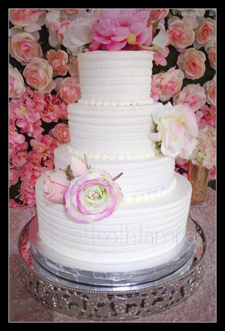 Custom Four Tier White Wedding Cake with Floral Detail Tampa Bay Wedding Cake Designer Sweet Tooth Cakery