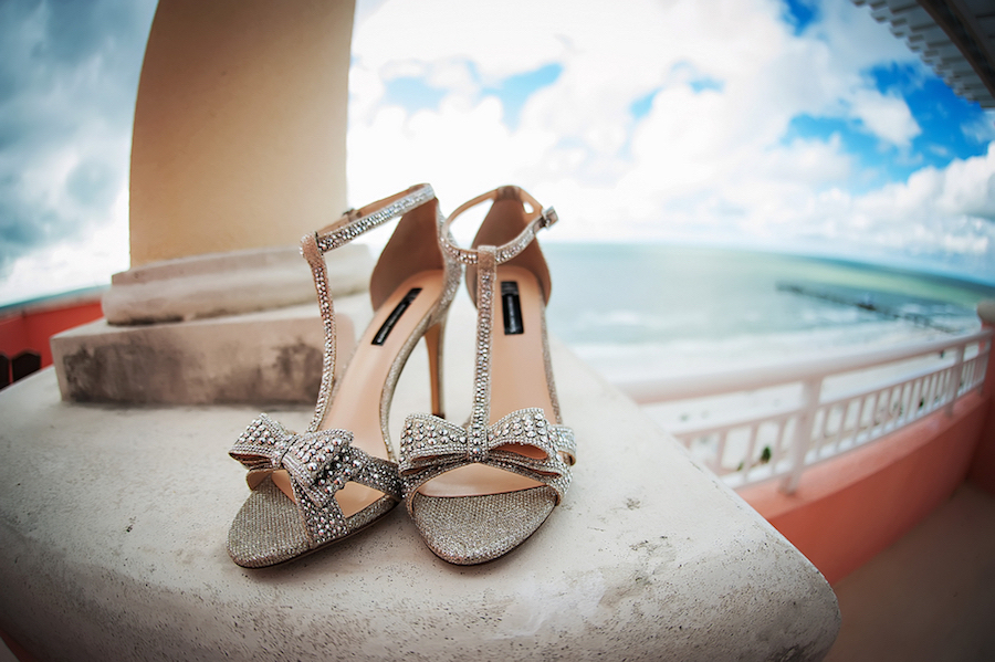 Silver, Jeweled Bridal Wedding Shoes with Straps and Bow Details | Clearwater Beach Wedding Photographer Limelight Photography