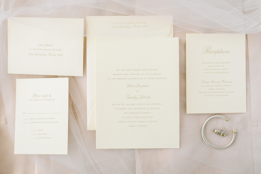 Ivory and Gold Wedding Invitation Stationary and Bridal Jewelry