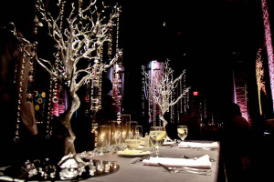 Modern White/Silver Wedding Reception Table Decor with Small Tree Centerpieces, Crystals, and Candlelight | St Petersburg Wedding Venue NOVA 535