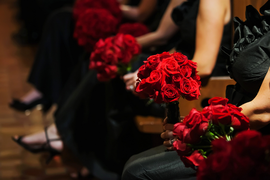 Red Rose Wedding Bouquets | Black Bridesmaid Dresses| Photo by Tampa Bay Wedding Photographer Limelight Photography
