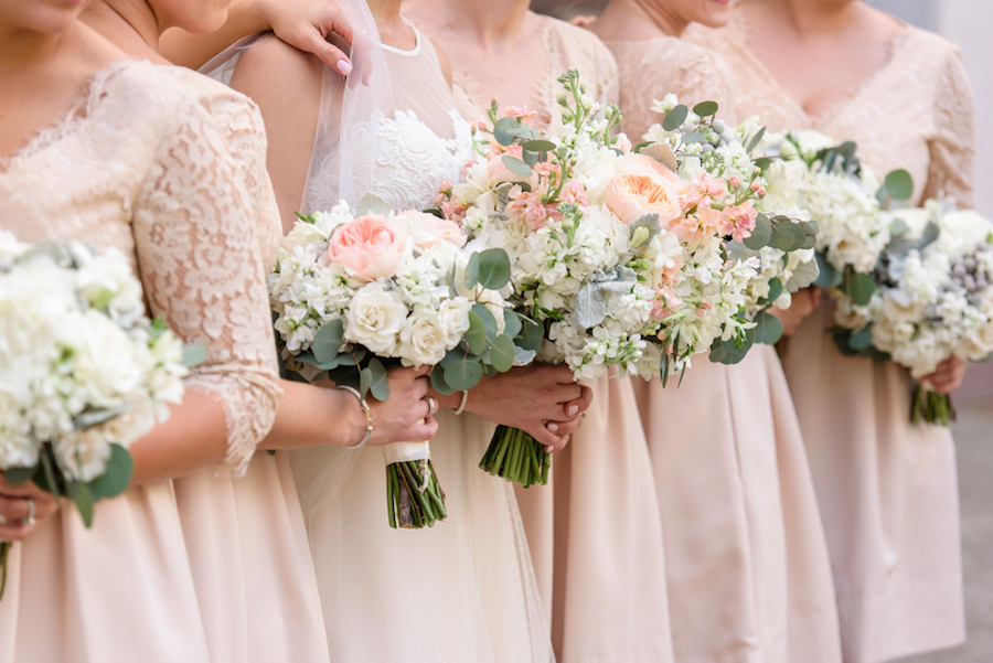 Ivory and Blush Pink Wedding Bouquets and Blush Bridesmaids Dresses with Lace