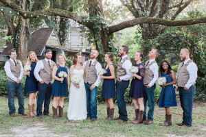 Navy Bridesmaids Dresses Bridal Party Portrait with Groomsmen in Denim and Vests | Rustic Outdoor Tampa Bay Wedding at Wedding | Tampa Bay Wedding Photographer Jillian Joseph Photography
