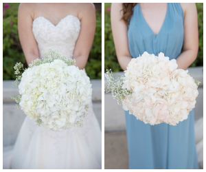 Bride and Bridesmaid in Dusty Blue dress with White and Blush Wedding Bouquet Detail| Photo by Tampa Bay Wedding Photographer Kristen Marie Photography