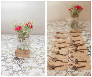Wedding Reception Decor with Vintage Key Seating Cards and Baby's Breath Mason Jars and Lace Linens