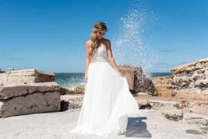 Coastal Beach Bridal Wedding Portrait in Strapless Chiffon Dessy Wedding Dress| Tampa Bay Wedding Photographer, Caroline & Evan Photography