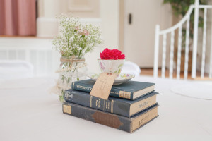 Wedding Reception Decor with Vintage Books, Teacups, and Baby's Breath Wedding Centerpieces