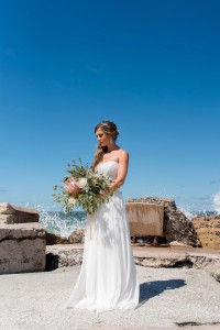 Coastal Beach Bridal Wedding Portrait in Strapless Chiffon Dessy Wedding Dress| Tampa Bay Wedding Photographer, Caroline & Evan Photography