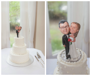 Bride and Groom Bobble Head Cake Topper on Three Tiered White Wedding Cake