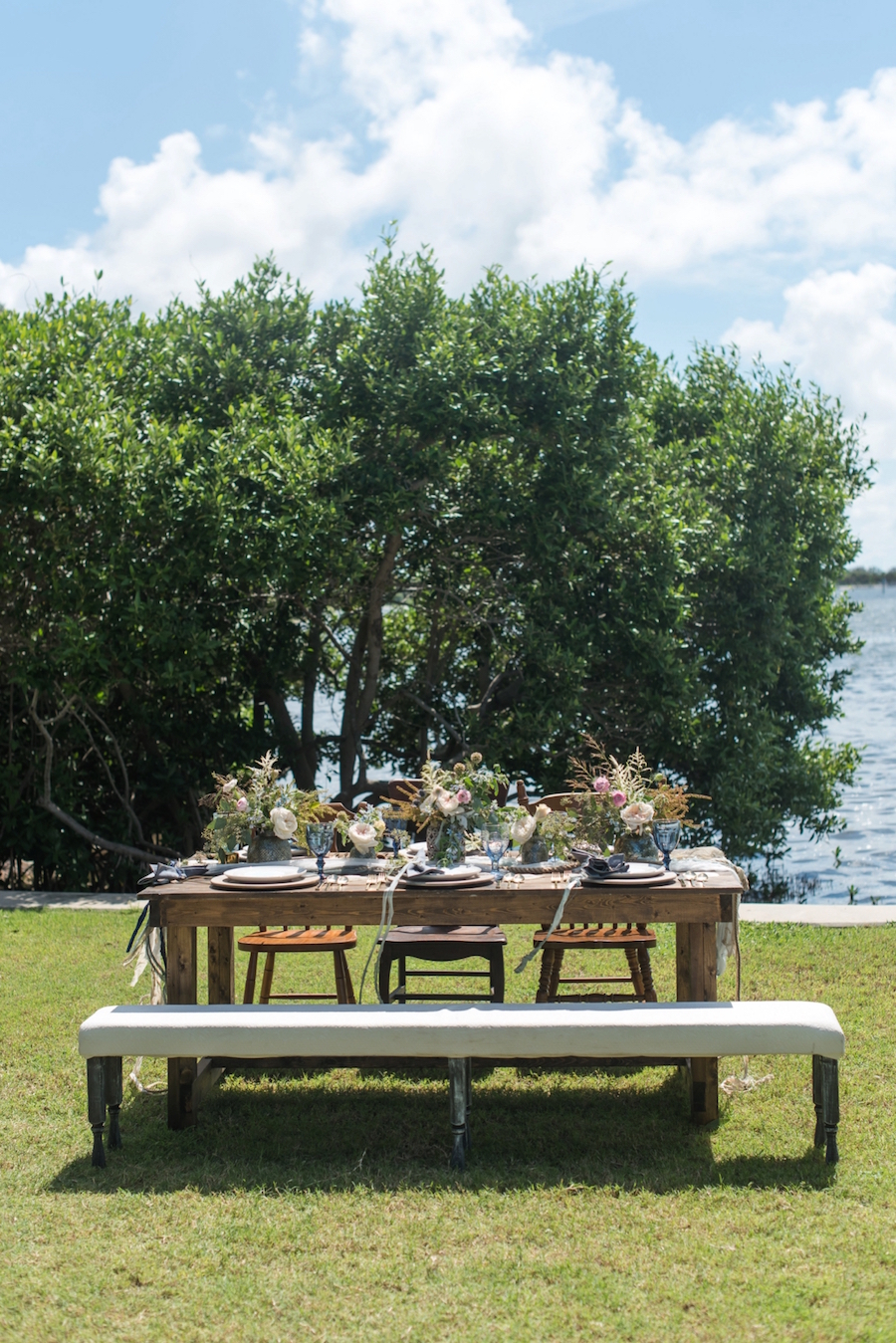 Outdoor Wedding Furniture Wooden Benches and Table| St. Pete Beach Wedding Photographer, Caroline & Evan Photography