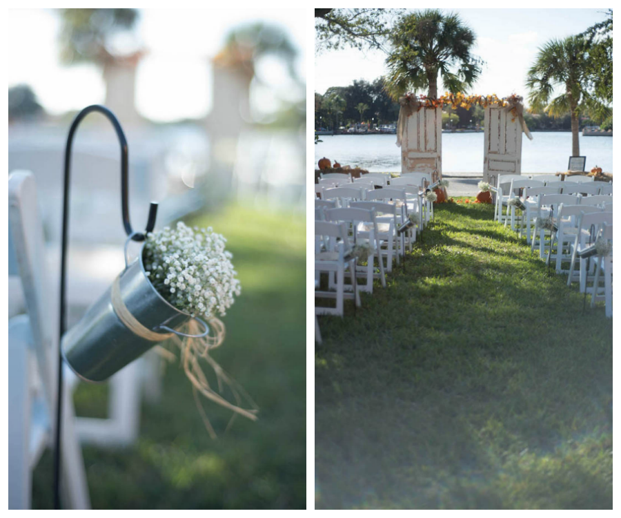 Outdoor, Fall Inspired St. Petesburg Wedding Ceremony and Vintage White Doors at Altar | St. Pete Wedding Photographer Lisa Otto Photography
