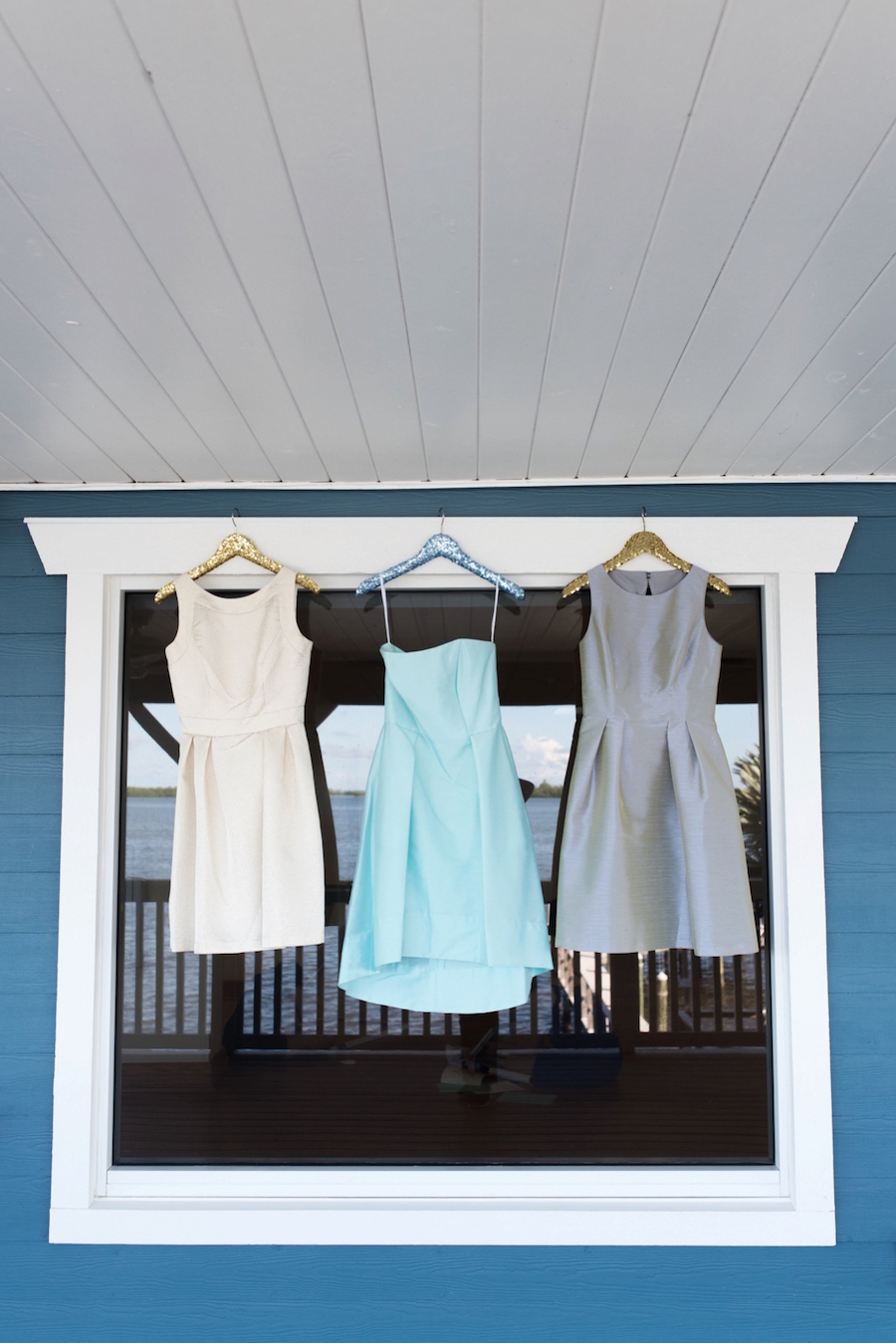 Cocktail Length Bridesmaid Wedding Dresses by Dessy | Ivory, Light Blue and Gray Bridesmaid Dresses| Tampa Bay Wedding Photographer, Caroline & Evan Photography