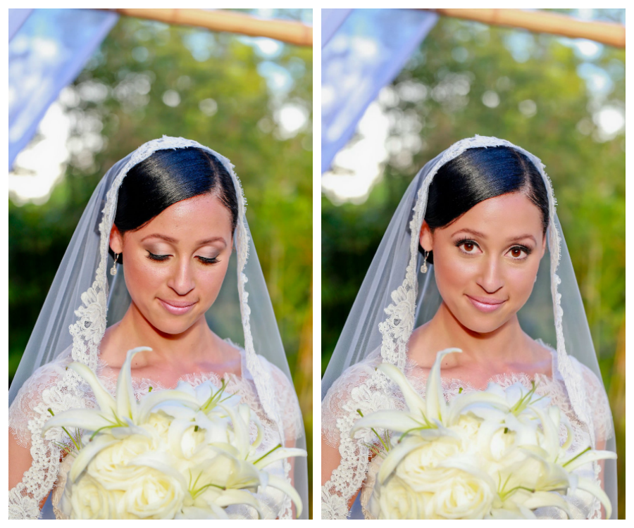 Outdoor, Bridal Portrait with Lace Trimmed Veil and Ivory Floral Bouquet