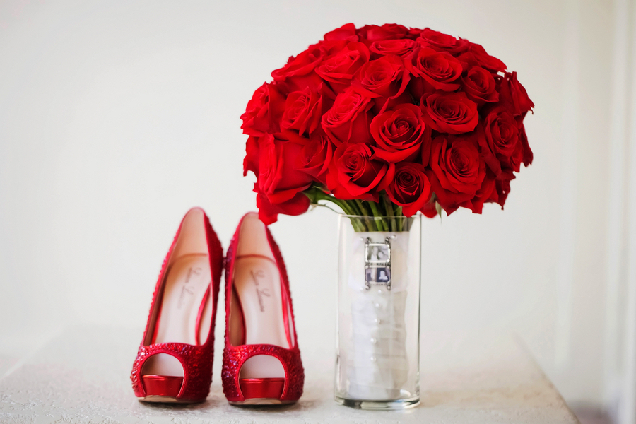 Red Rose Wedding Bouquet with Memorial Locket | Ruby Red Wedding Heels | Photo by Tampa Bay Wedding Photographer Limelight Photography