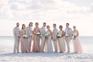 Sarasota Siesta Key Beach Wedding | Bridal Party Portrait | Groomsmen in Khaki Suits| Light Pink Blush BHLDN Bridesmaid Dresses