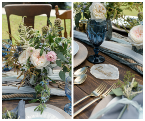 Coastal Chic Wedding Table Setting with Romantic Florals |Wedding Vintage Drinking Glass Rentals | Tampa Bay Wedding Photographer, Caroline & Evan Photography