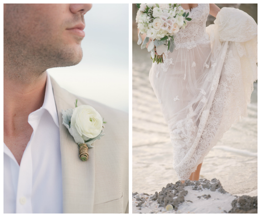 Sarasota Siesta Key Beach Wedding | Groom in Khaki Suit| Strapless Lace Wedding Dress| Wedding Bouquet by Sarasota Florist Florist Fire