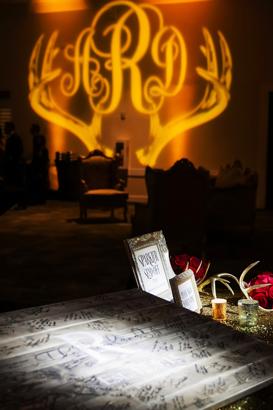 Custom Wedding Monogram GOBO Light with Deer Antlers| Photo by Tampa Bay Wedding Photographer Limelight Photography