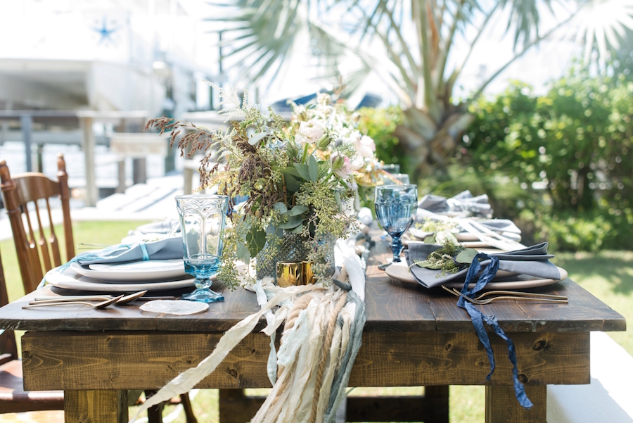 Coastal Inspired Wedding Place Setting Design with Floral Accent on Farm Table | Tampa Bay Wedding Photographer, Caroline & Evan Photography