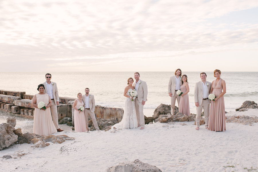 Sarasota Siesta Key Beach Wedding | Bridal Party Portrait | Groomsmen in Khaki Suits| Light Pink Blush BHLDN Bridesmaid Dresses